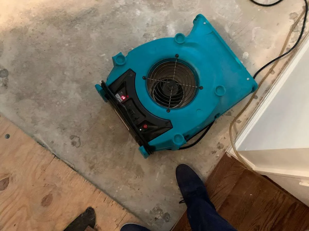 Air mover drying subfloor during Leak Detection & Repair in Lysander